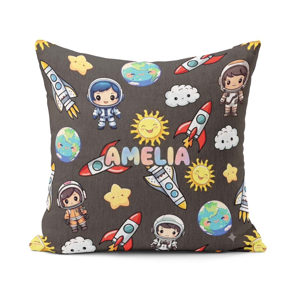 Custom Name Cartoon Space Rockets Sun Earth Clouds Seamless Dark Square Filled Cushion Throw Pillow Sofa Bed Home Decor Zip Washable UK Made