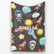 Cartoon Space Rockets Sun Earth Clouds Stars Seamless Dark Grey  Personalised Custom Name Super Soft Fleece Blanket Bed Sofa Throw