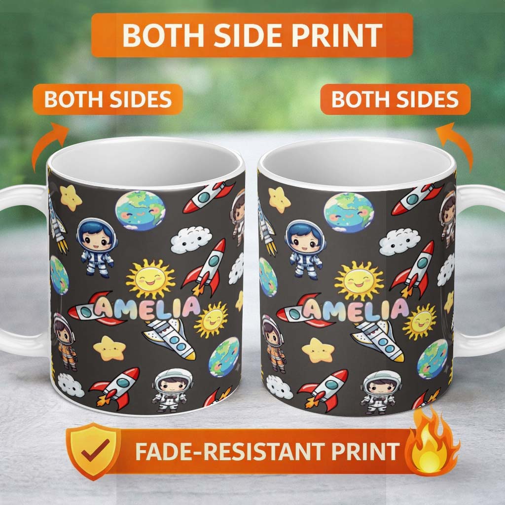 Personalized Custom Name Cartoon Space Rockets Sun Earth Clouds Stars Seamless Dark Grey 11oz Ceramic Coffee Tea Mug White Large Handle