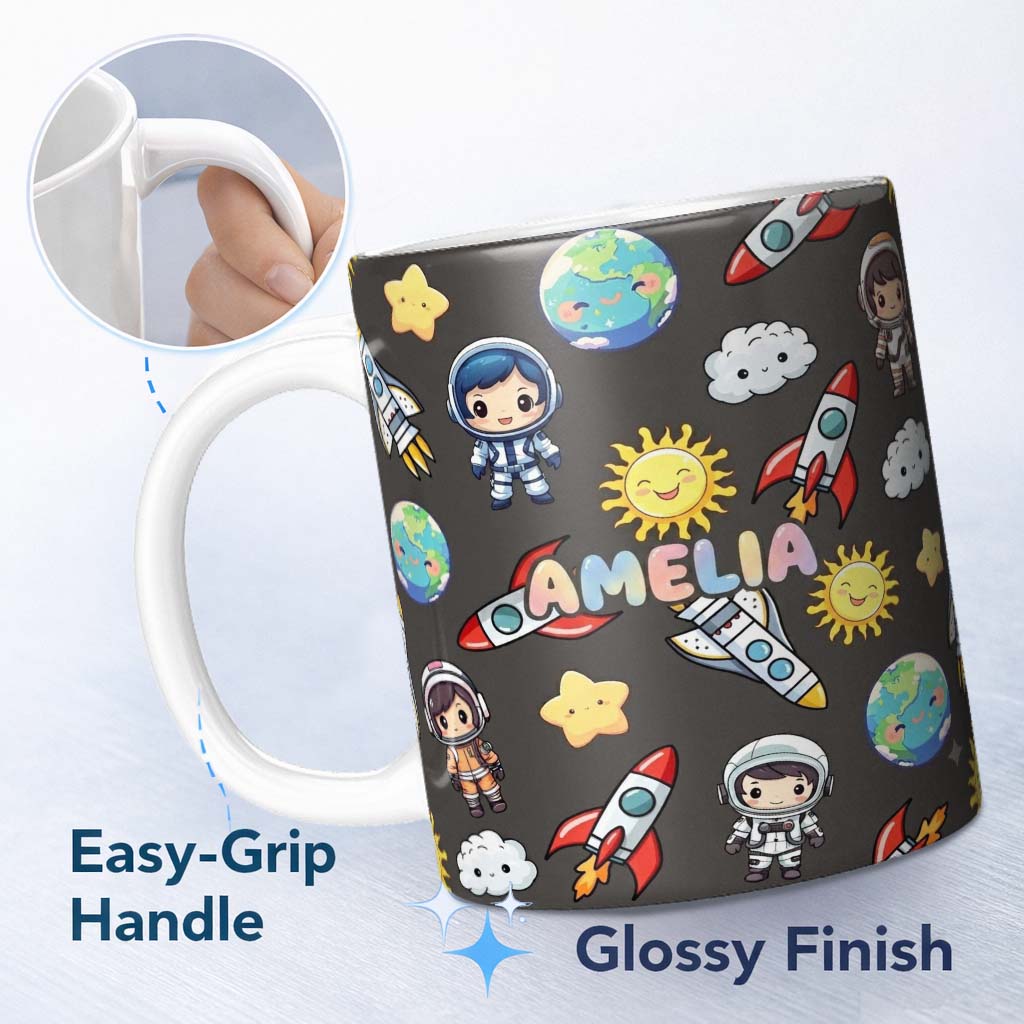 Personalized Custom Name Cartoon Space Rockets Sun Earth Clouds Stars Seamless Dark Grey 11oz Ceramic Coffee Tea Mug White Large Handle