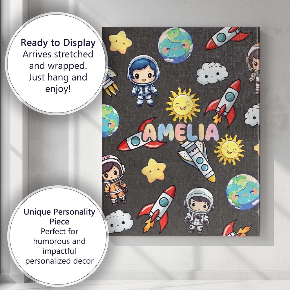 Personalised Name Cartoon Space Rockets Sun Custom  Bespoke Interior Contemporary Canvas Wall Art Print Decor Picture Ready to Hang