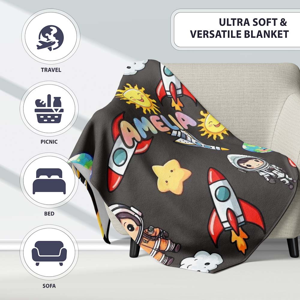 Cartoon Space Rockets Sun Earth Clouds Stars Seamless Dark Grey  Personalised Custom Name Super Soft Fleece Blanket Bed Sofa Throw