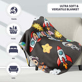 Cartoon Space Rockets Sun Earth Clouds Stars Seamless Dark Grey  Personalised Custom Name Super Soft Fleece Blanket Bed Sofa Throw