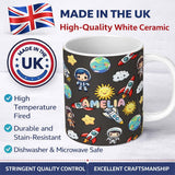 Personalized Custom Name Cartoon Space Rockets Sun Earth Clouds Stars Seamless Dark Grey 11oz Ceramic Coffee Tea Mug White Large Handle