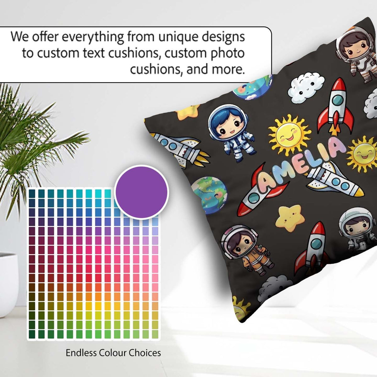 Custom Name Cartoon Space Rockets Sun Earth Clouds Seamless Dark Square Filled Cushion Throw Pillow Sofa Bed Home Decor Zip Washable UK Made