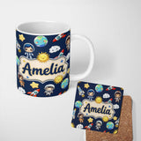 Personalized Custom Name Cute Cartoon Space Rockets Sun Earth Clouds Stars Seamless Navy 11oz Ceramic Coffee Tea Mug White Large Handle
