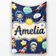 Cute Cartoon Space Rockets Sun Earth Clouds Stars Seamless Navy  Personalised Custom Name Super Soft Fleece Blanket Bed Sofa Throw