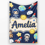 Cute Cartoon Space Rockets Sun Earth Clouds Stars Seamless Navy  Personalised Custom Name Super Soft Fleece Blanket Bed Sofa Throw