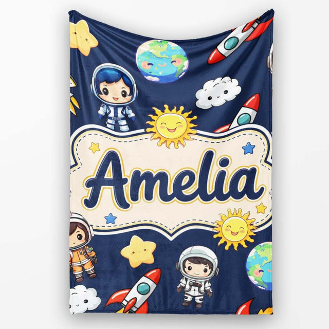 Cute Cartoon Space Rockets Sun Earth Clouds Stars Seamless Navy  Personalised Custom Name Super Soft Fleece Blanket Bed Sofa Throw