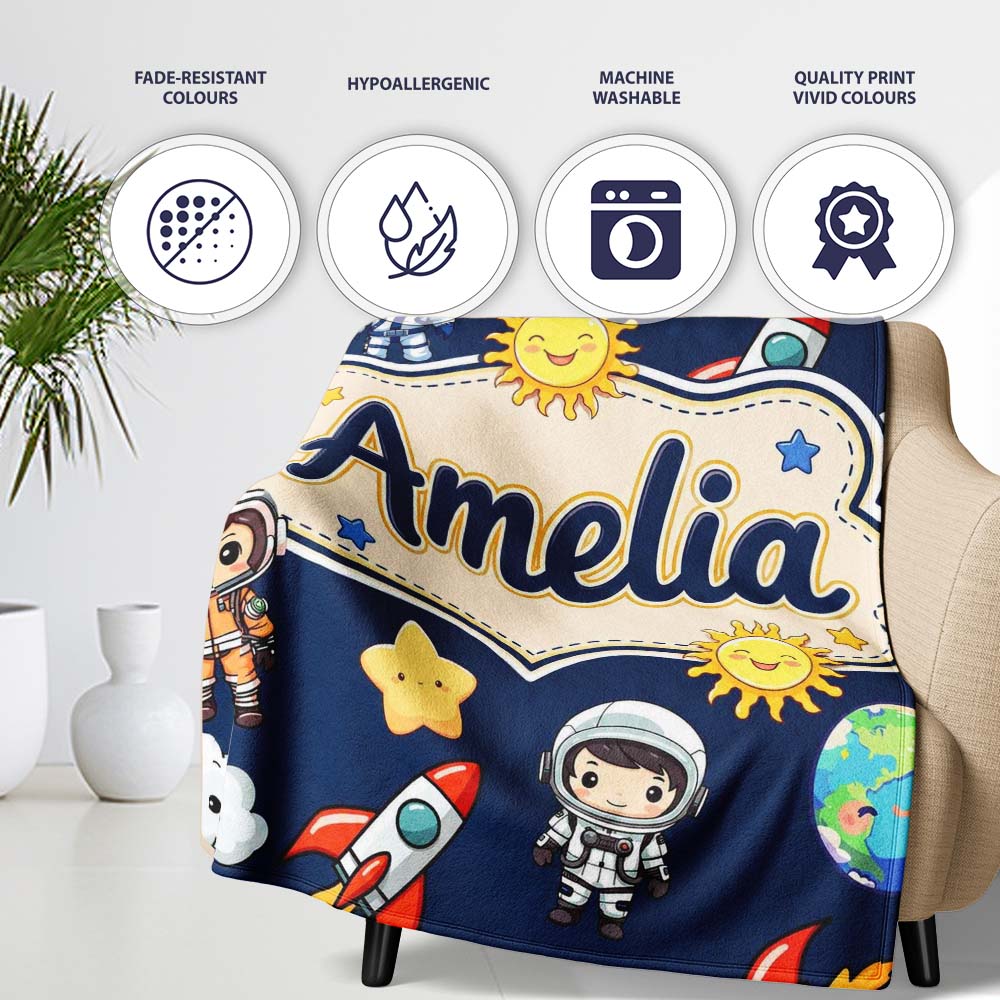 Cute Cartoon Space Rockets Sun Earth Clouds Stars Seamless Navy  Personalised Custom Name Super Soft Fleece Blanket Bed Sofa Throw