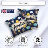 Custom Name Cartoon Space Rockets Sun Earth Clouds Seamless Navy Square Filled Cushion Throw Pillow Sofa Bed Home Decor Zip Washable UK Made