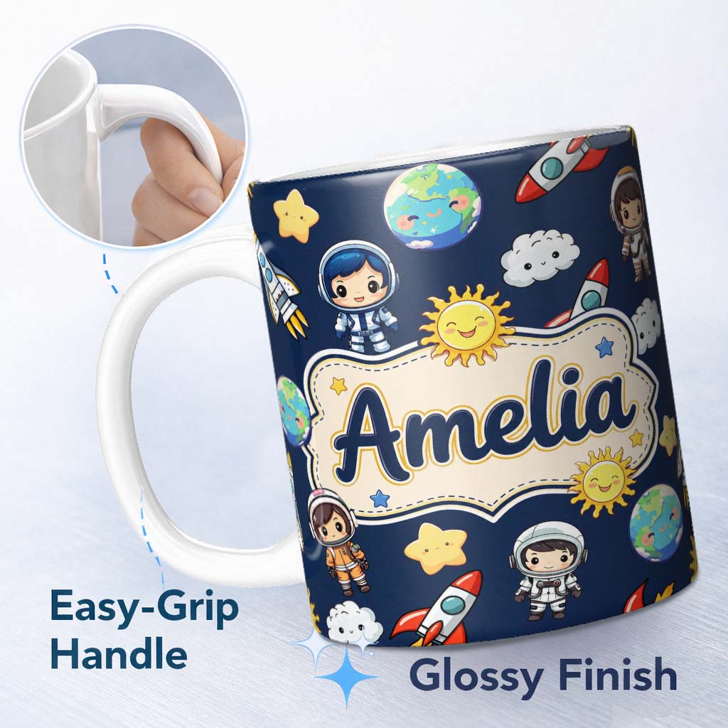 Personalized Custom Name Cute Cartoon Space Rockets Sun Earth Clouds Stars Seamless Navy 11oz Ceramic Coffee Tea Mug White Large Handle