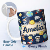 Personalized Custom Name Cute Cartoon Space Rockets Sun Earth Clouds Stars Seamless Navy 11oz Ceramic Coffee Tea Mug White Large Handle