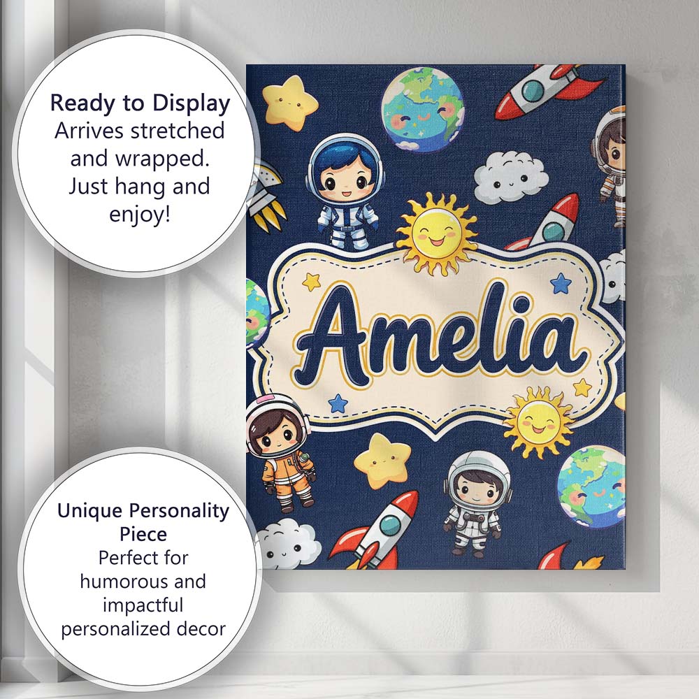 Personalised Name Cute Cartoon Space Custom Premium Decorative Design Modern Room Accent Canvas Wall Art Print Decor Picture Ready to Hang