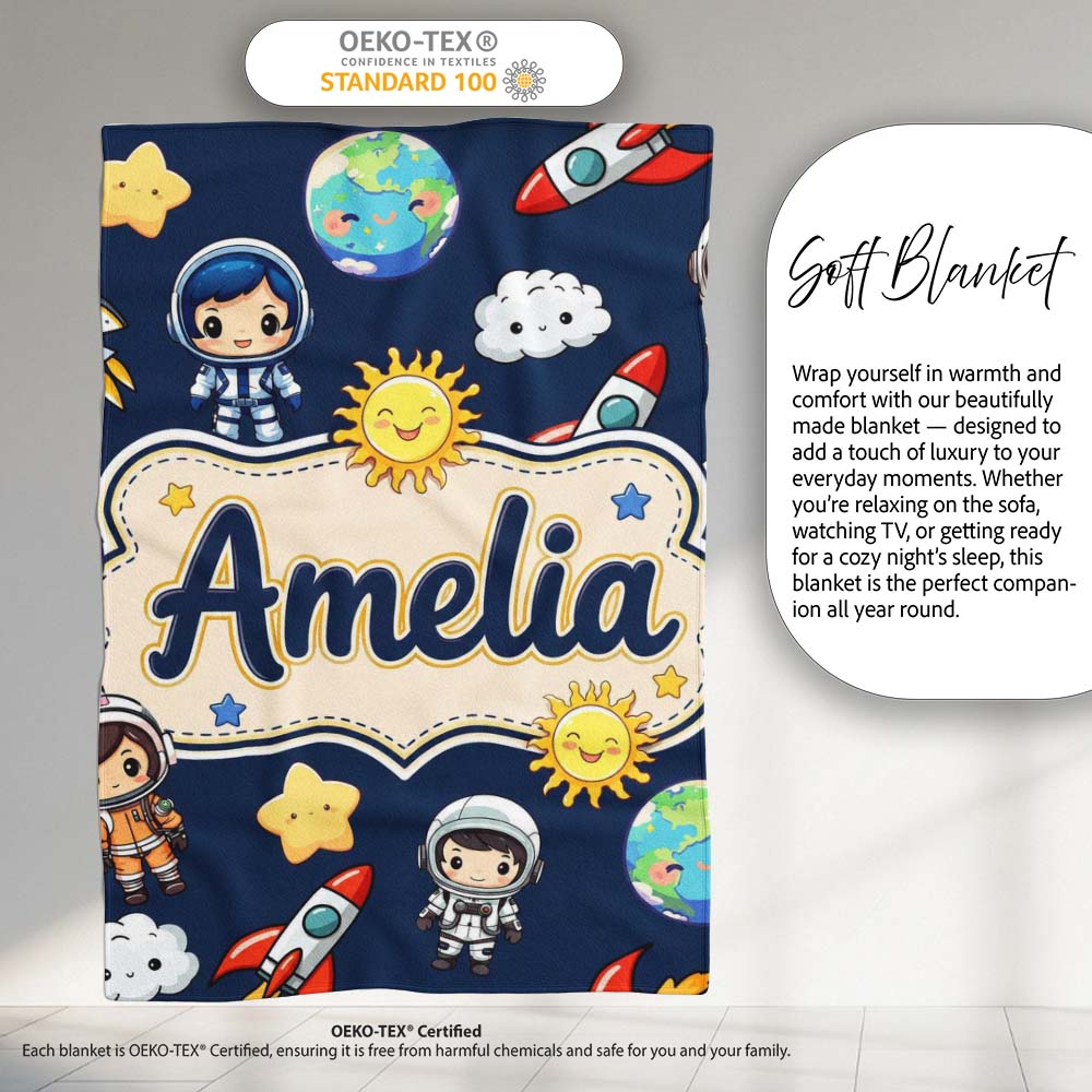 Cute Cartoon Space Rockets Sun Earth Clouds Stars Seamless Navy  Personalised Custom Name Super Soft Fleece Blanket Bed Sofa Throw