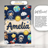 Cute Cartoon Space Rockets Sun Earth Clouds Stars Seamless Navy  Personalised Custom Name Super Soft Fleece Blanket Bed Sofa Throw