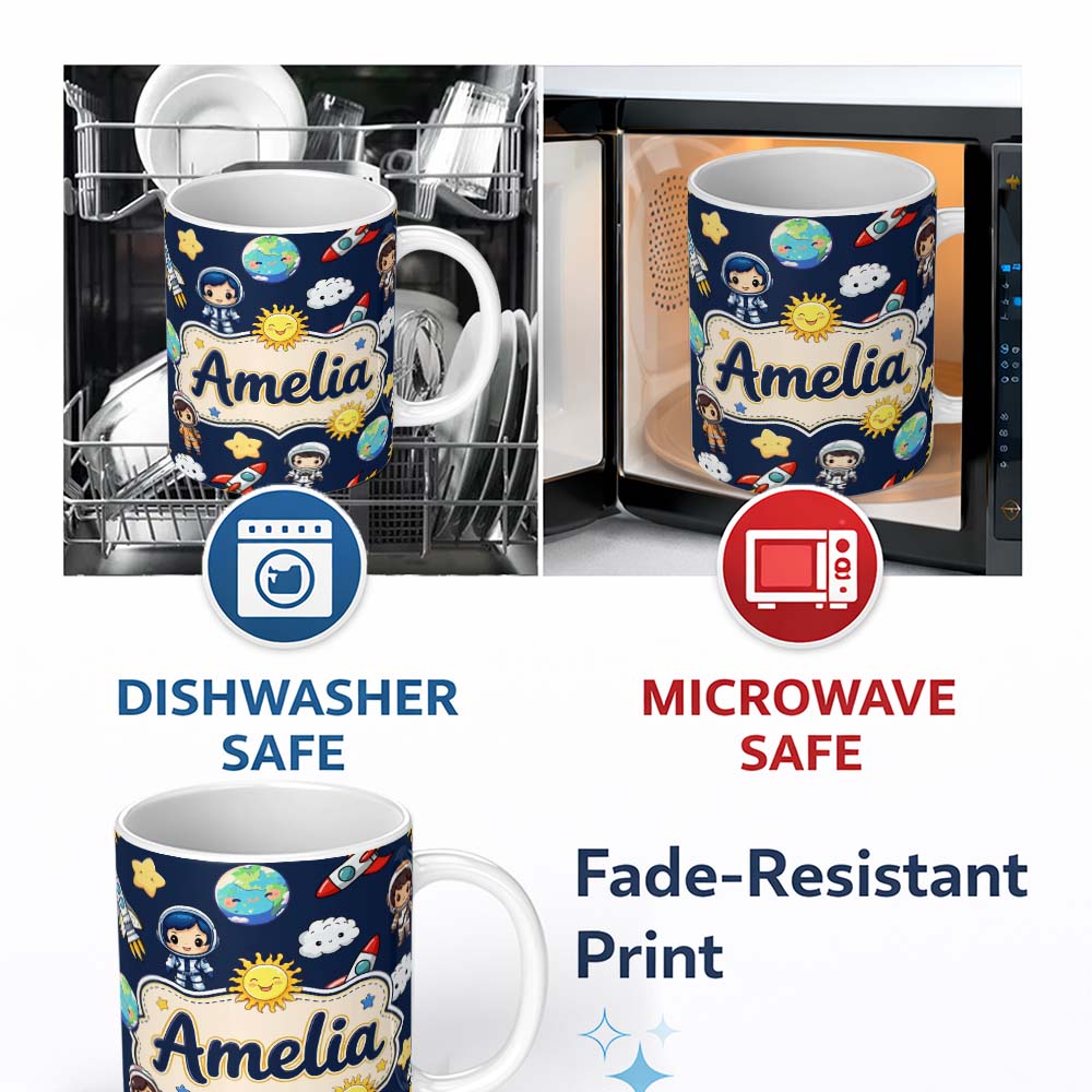 Personalized Custom Name Cute Cartoon Space Rockets Sun Earth Clouds Stars Seamless Navy 11oz Ceramic Coffee Tea Mug White Large Handle