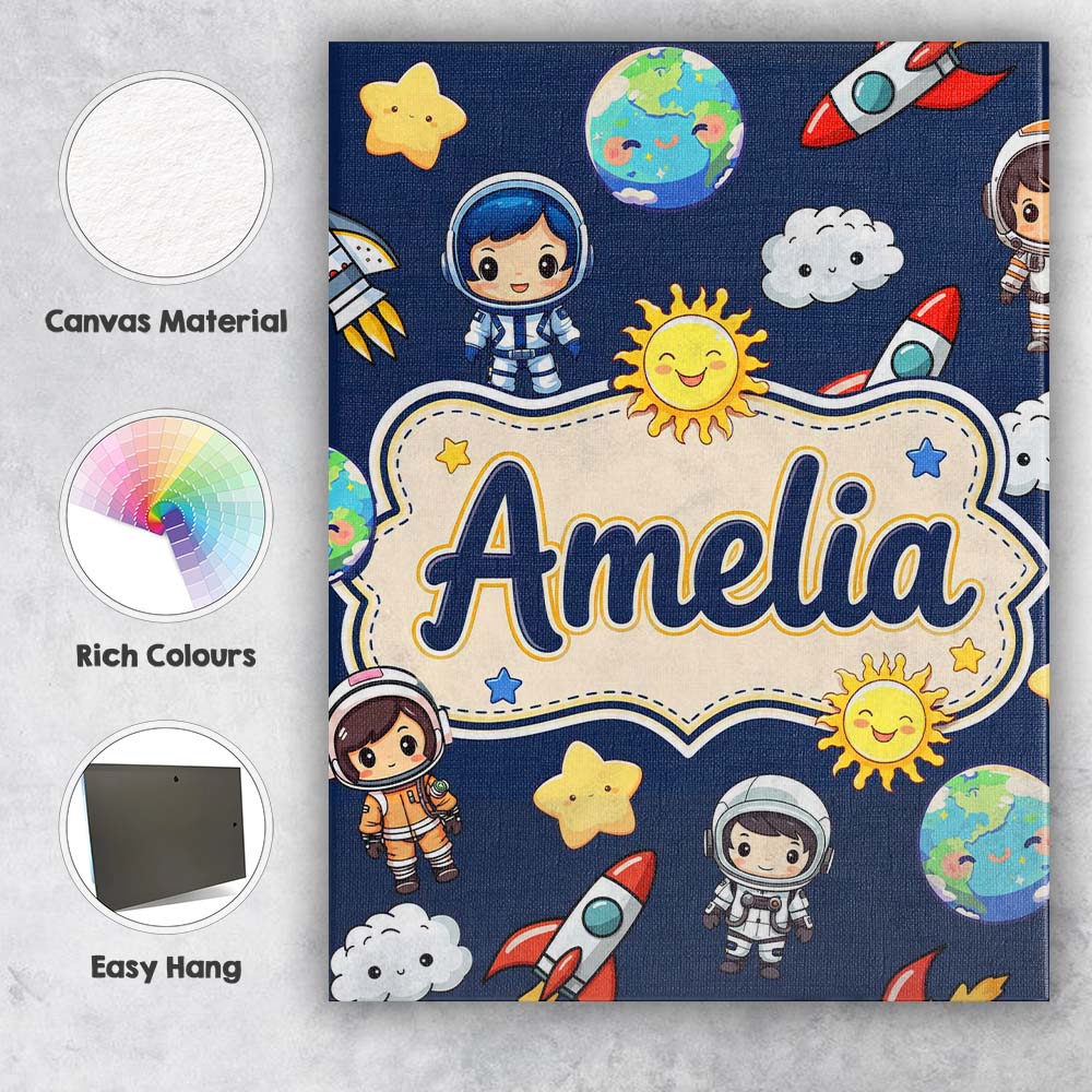 Personalised Name Cute Cartoon Space Custom Premium Decorative Design Modern Room Accent Canvas Wall Art Print Decor Picture Ready to Hang
