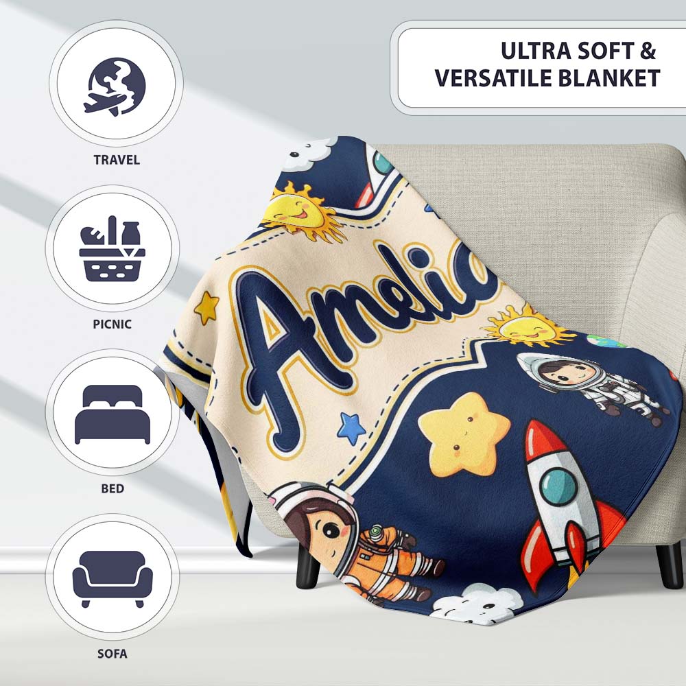 Cute Cartoon Space Rockets Sun Earth Clouds Stars Seamless Navy  Personalised Custom Name Super Soft Fleece Blanket Bed Sofa Throw