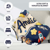 Cute Cartoon Space Rockets Sun Earth Clouds Stars Seamless Navy  Personalised Custom Name Super Soft Fleece Blanket Bed Sofa Throw