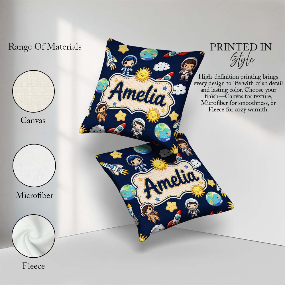 Custom Name Cartoon Space Rockets Sun Earth Clouds Seamless Navy Square Filled Cushion Throw Pillow Sofa Bed Home Decor Zip Washable UK Made
