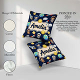 Custom Name Cartoon Space Rockets Sun Earth Clouds Seamless Navy Square Filled Cushion Throw Pillow Sofa Bed Home Decor Zip Washable UK Made