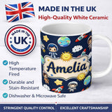 Personalized Custom Name Cute Cartoon Space Rockets Sun Earth Clouds Stars Seamless Navy 11oz Ceramic Coffee Tea Mug White Large Handle