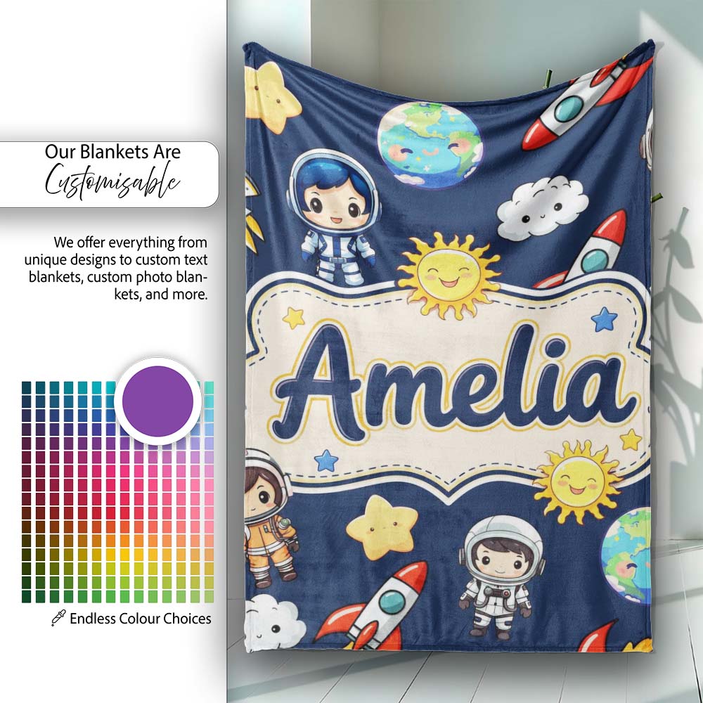Cute Cartoon Space Rockets Sun Earth Clouds Stars Seamless Navy  Personalised Custom Name Super Soft Fleece Blanket Bed Sofa Throw