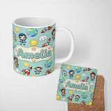 Personalized Custom Name Cute Cartoon Space Rockets Sun Earth Clouds Stars Seamless Mint 11oz Ceramic Coffee Tea Mug White Large Handle