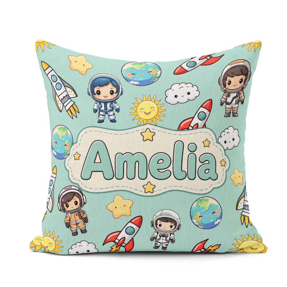 Custom Name Cartoon Space Rockets Sun Earth Clouds Seamless Mint Square Filled Cushion Throw Pillow Sofa Bed Home Decor Zip Washable UK Made