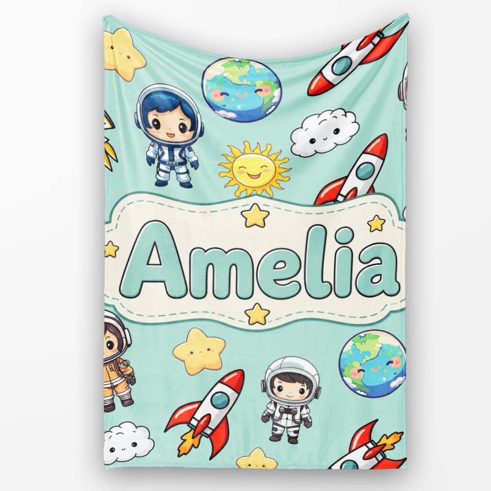 Cute Cartoon Space Rockets Sun Earth Clouds Stars Seamless Mint  Personalised Custom Name Super Soft Fleece Blanket Bed Sofa Throw