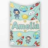 Cute Cartoon Space Rockets Sun Earth Clouds Stars Seamless Mint  Personalised Custom Name Super Soft Fleece Blanket Bed Sofa Throw