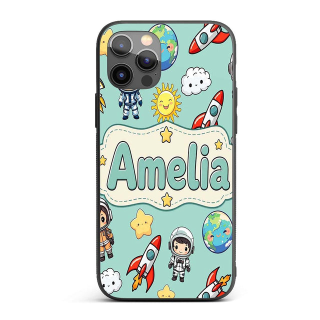 Cute Cartoon Space Rockets Sun Earth Clouds Stars Custom Name Protective Phone Case Mobile Cover Durable Everyday Smartphone Shock Resistant