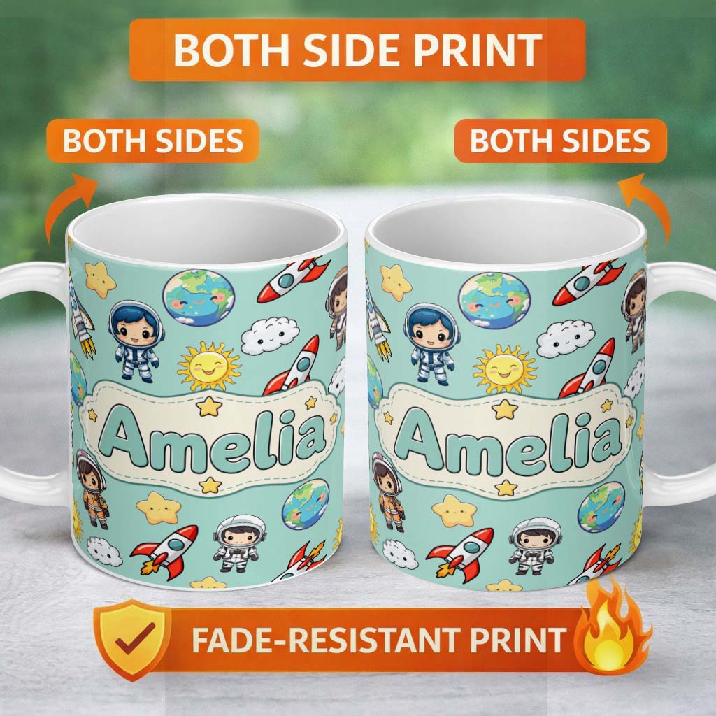 Personalized Custom Name Cute Cartoon Space Rockets Sun Earth Clouds Stars Seamless Mint 11oz Ceramic Coffee Tea Mug White Large Handle