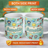 Personalized Custom Name Cute Cartoon Space Rockets Sun Earth Clouds Stars Seamless Mint 11oz Ceramic Coffee Tea Mug White Large Handle