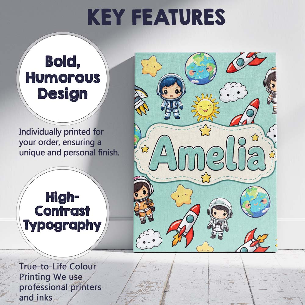 Personalised Name Cute Cartoon Space Custom Premium Decorative Design Modern Room Accent Canvas Wall Art Print Decor Picture Ready to Hang