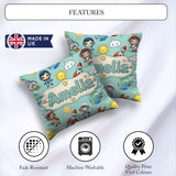 Custom Name Cartoon Space Rockets Sun Earth Clouds Seamless Mint Square Filled Cushion Throw Pillow Sofa Bed Home Decor Zip Washable UK Made