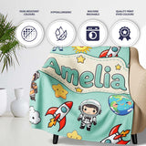 Cute Cartoon Space Rockets Sun Earth Clouds Stars Seamless Mint  Personalised Custom Name Super Soft Fleece Blanket Bed Sofa Throw