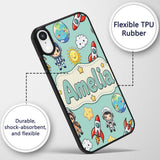 Cute Cartoon Space Rockets Sun Earth Clouds Stars Custom Name Protective Phone Case Mobile Cover Durable Everyday Smartphone Shock Resistant