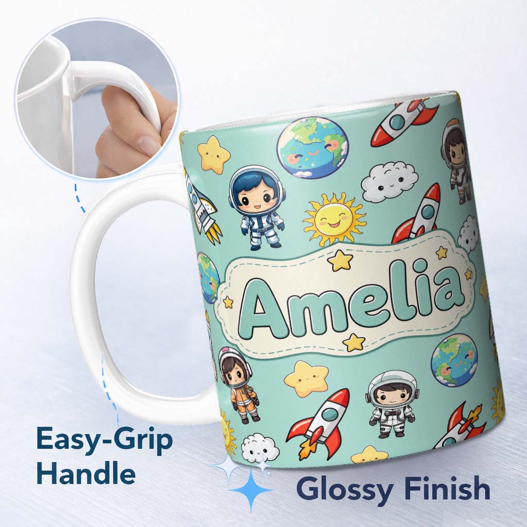 Personalized Custom Name Cute Cartoon Space Rockets Sun Earth Clouds Stars Seamless Mint 11oz Ceramic Coffee Tea Mug White Large Handle