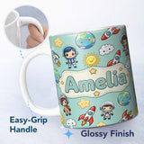 Personalized Custom Name Cute Cartoon Space Rockets Sun Earth Clouds Stars Seamless Mint 11oz Ceramic Coffee Tea Mug White Large Handle