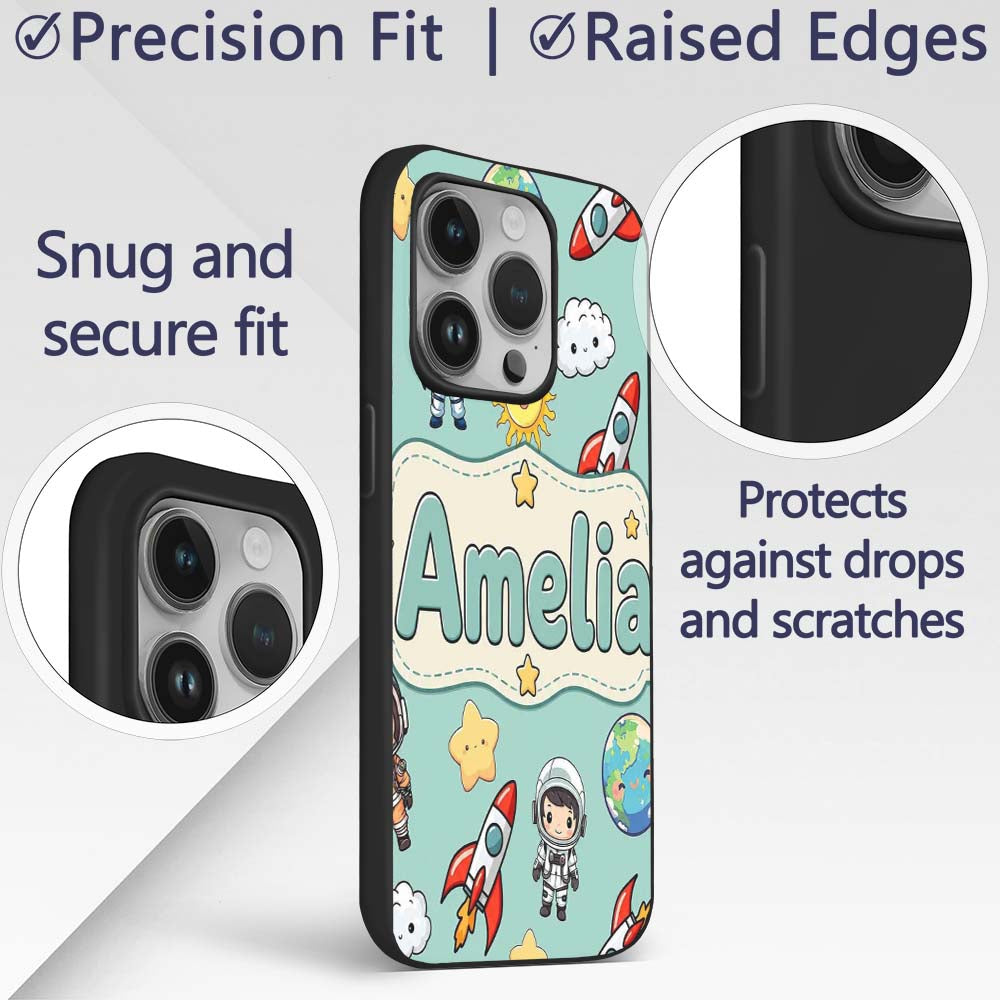 Cute Cartoon Space Rockets Sun Earth Clouds Stars Custom Name Protective Phone Case Mobile Cover Durable Everyday Smartphone Shock Resistant