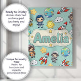 Personalised Name Cute Cartoon Space Custom Premium Decorative Design Modern Room Accent Canvas Wall Art Print Decor Picture Ready to Hang