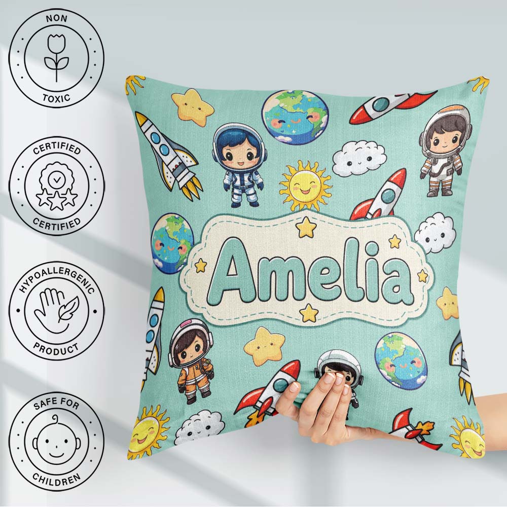 Custom Name Cartoon Space Rockets Sun Earth Clouds Seamless Mint Square Filled Cushion Throw Pillow Sofa Bed Home Decor Zip Washable UK Made