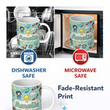Personalized Custom Name Cute Cartoon Space Rockets Sun Earth Clouds Stars Seamless Mint 11oz Ceramic Coffee Tea Mug White Large Handle