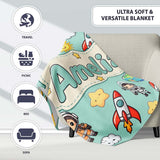 Cute Cartoon Space Rockets Sun Earth Clouds Stars Seamless Mint  Personalised Custom Name Super Soft Fleece Blanket Bed Sofa Throw