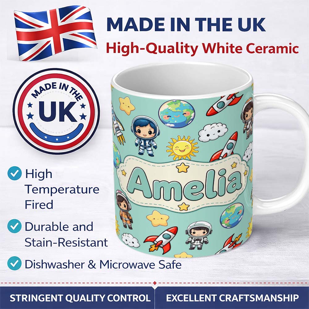 Personalized Custom Name Cute Cartoon Space Rockets Sun Earth Clouds Stars Seamless Mint 11oz Ceramic Coffee Tea Mug White Large Handle