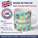 Personalized Custom Name Cute Cartoon Space Rockets Sun Earth Clouds Stars Seamless Mint 11oz Ceramic Coffee Tea Mug White Large Handle