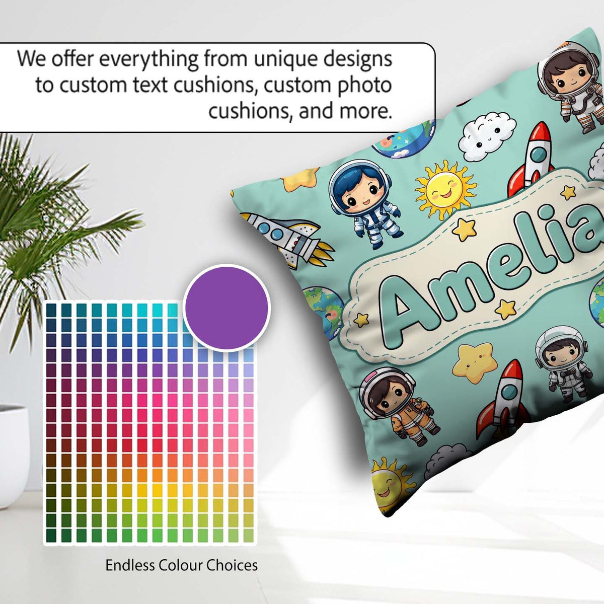 Custom Name Cartoon Space Rockets Sun Earth Clouds Seamless Mint Square Filled Cushion Throw Pillow Sofa Bed Home Decor Zip Washable UK Made