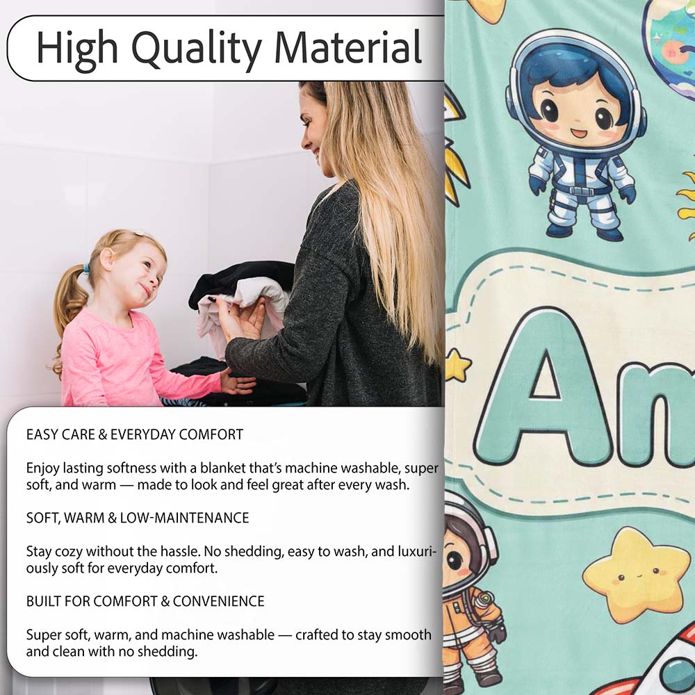 Cute Cartoon Space Rockets Sun Earth Clouds Stars Seamless Mint  Personalised Custom Name Super Soft Fleece Blanket Bed Sofa Throw